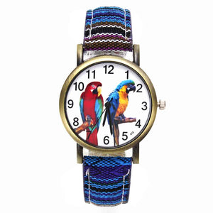 Colorful 2 Parrot Parakeet Pet Bird Animal Watches for Women with Fashion Stripes Denim Wristband