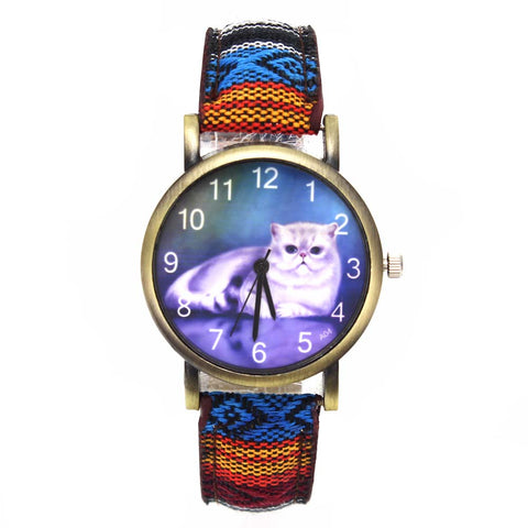 Image of Cute Lucky Cat Ladies / Girl Fashion Quartz Watches -  Denim Stripes Wristwatch - I'LL TAKE THIS