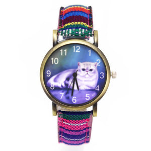 Cute Lucky Cat Ladies / Girl Fashion Quartz Watches -  Denim Stripes Wristwatch - I'LL TAKE THIS