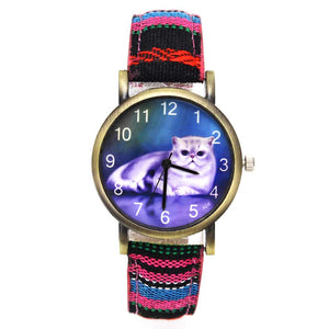 Cute Lucky Cat Ladies / Girl Fashion Quartz Watches -  Denim Stripes Wristwatch