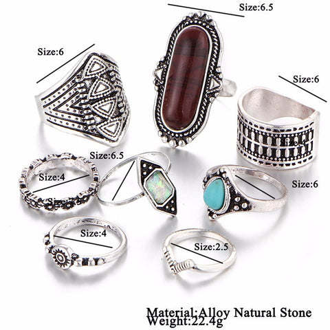 Image of Boho Beach Vintage Tibetan Turkish Crystal Silver Flower Knuckle Rings Gift pack 8pcs Midi Ring Set - I'LL TAKE THIS
