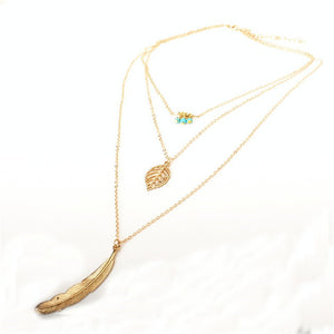 Simple turquoise Necklaces Leaf Long Pendant Necklaces 3 Layer Chain Necklace multilayer Necklaces