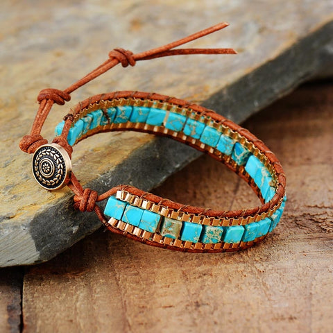 Image of His and Her's Matching Bracelets, in Turquoise/Royal Blue Stones Gold Chain Woven Wrap accents