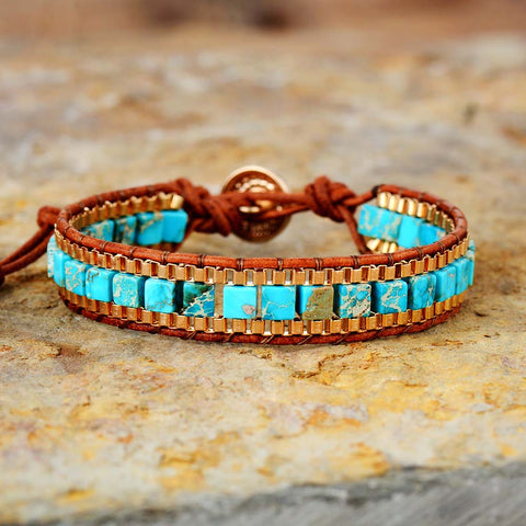 Image of His and Her's Matching Bracelets, in Turquoise/Royal Blue Stones Gold Chain Woven Wrap accents
