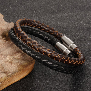 Black or Brown Men's / Women's varied sizes Leather Rope Bracelet with Stainless Steel Clasp