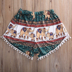 Bohemian Women’s High Waist Shorts, Elastic Waist Tassels Elephant Print Beach Casual Shorts - I'LL TAKE THIS