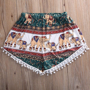 Bohemian Women’s High Waist Shorts, Elastic Waist Tassels Elephant Print Beach Casual Shorts