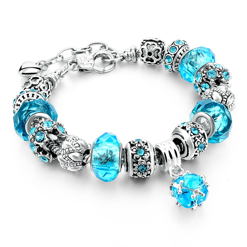 Crystal Bead Bangle Silver Plated Womens Charm Bracelets in 20 Colors 9 - Turquoise