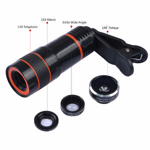Smartphone 12X Zoom Telescope + 3 in 1 - Fisheye Wide Angel Macro Lens in Kit form