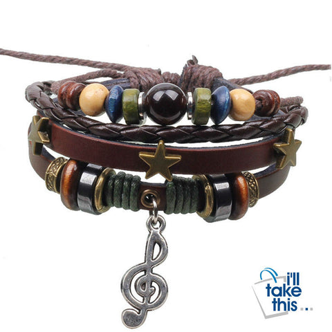 Image of Leather Rope Wrap Bracelet, Punk Rock/Vintage Adjustable Layered Beads Charm Music Note Bracelets - I'LL TAKE THIS