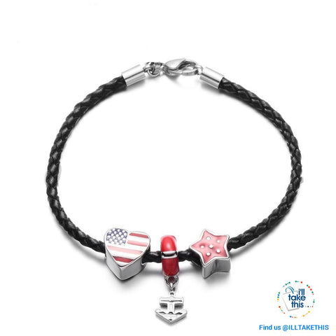 Image of Americana Braided Leather Charm bracelet features an enamel Love Heart American flag - I'LL TAKE THIS