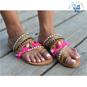 Bohemian Beach Sandals, Flip Flops with gorgeous Fringe Roman Crystals Summer in Lavender