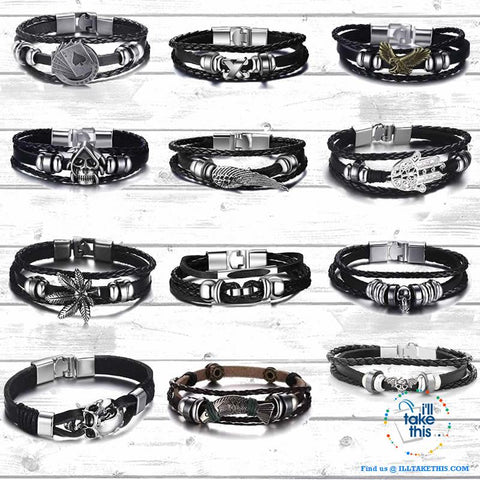 Image of Black Multilayered Leather Wristband Punk Design Bracelets Unisex, Variuos Designs, Hamsa Hand ++ - I'LL TAKE THIS
