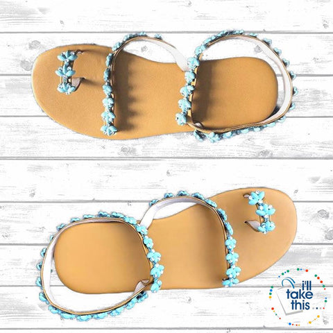 Image of Bohemian Floral Design Handmade Sandals sprinkled with Turquoise stone & Crystals, IDEAL Flip Flops - I'LL TAKE THIS