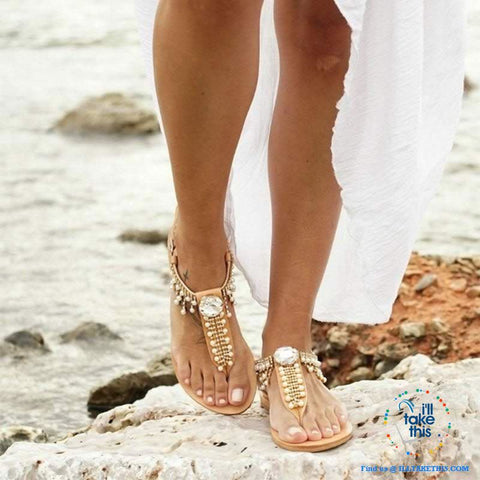 Image of Bohemian Beach Sandals a majestic array of Pearls and Rhinestone center Crystal Flip-flop - I'LL TAKE THIS