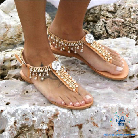 Image of Bohemian Beach Sandals a majestic array of Pearls and Rhinestone center Crystal Flip-flop - I'LL TAKE THIS