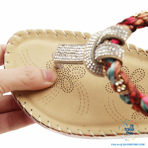 Image of Bohemian Beaded braided Sandals / Flip Flops - Rhinestone and Print Patchwork - I'LL TAKE THIS