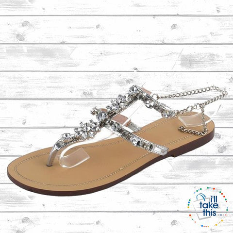 Image of Bohemian Crystal Flat Heel Sandals encrusted with Rhinestone Crystal with Chain clasp Flip Flops - I'LL TAKE THIS