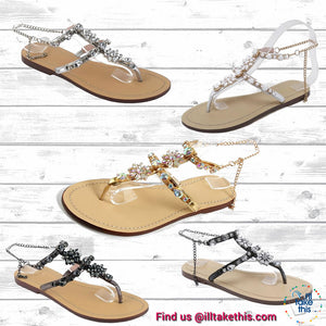 Bohemian Crystal Flat Heel Sandals encrusted with Rhinestone Crystal with Chain clasp Flip Flops - I'LL TAKE THIS