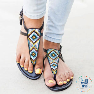 Bohemian Flip Flops, Beach Sandals with Gorgeous handmade Beads in Pink or Black Vegan leather