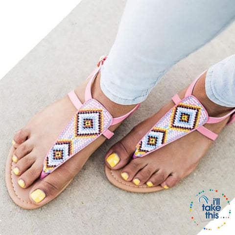 Image of Bohemian Flip Flops, Beach Sandals with Gorgeous handmade Beads in Pink or Black Vegan leather - I'LL TAKE THIS