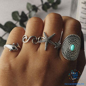 Bohemian Vintage Silver color Dolphin, Starfish and Wave Knuckle Rings Set
