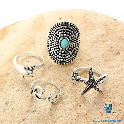 Image of Bohemian Vintage Silver color Dolphin, Starfish and Wave Knuckle Rings Set - I'LL TAKE THIS