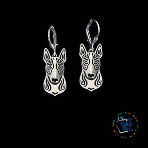 Handmade Bull Terrier Earrings - carved hollow jewelry in Silver or Gold plating Colors