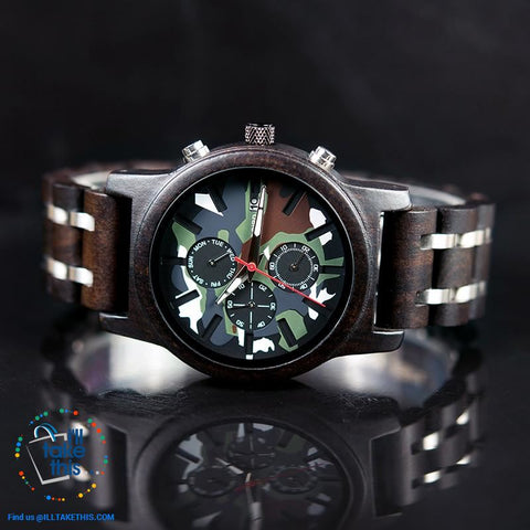 Image of Men's Camouflage Army Green/Brown Wooden Military Style watch - Gift Box Series - I'LL TAKE THIS
