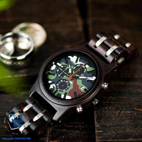 Image of Men's Camouflage Army Green/Brown Wooden Military Style watch - Gift Box Series - I'LL TAKE THIS
