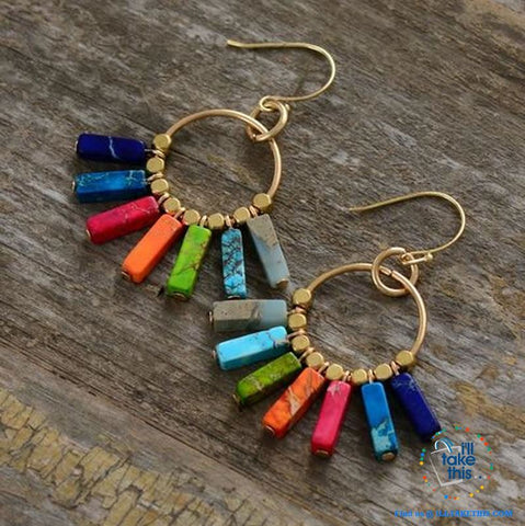 Image of Handmade Bohemian Multi-Colored Natural Stone Chakra Earrings - Gold Color Dangle Earrings - I'LL TAKE THIS