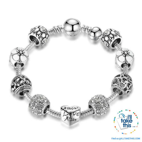 Image of Antique Silver Plated Love Heart and Flowers Charm Bracelets - 4 Colors, 3 Sizes - I'LL TAKE THIS