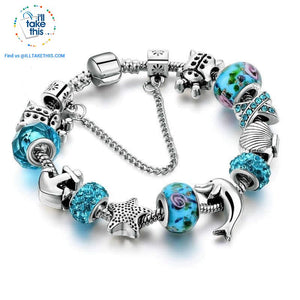 Aqua Marine Crystal Charm Bracelet Inspired Oceanic Style with Multiple Beads and Dolphin Charms - I'LL TAKE THIS