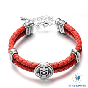 Double Braided Leather Anchor and Wheel Charms Bracelet - Stainless Steel Bead Bracelet