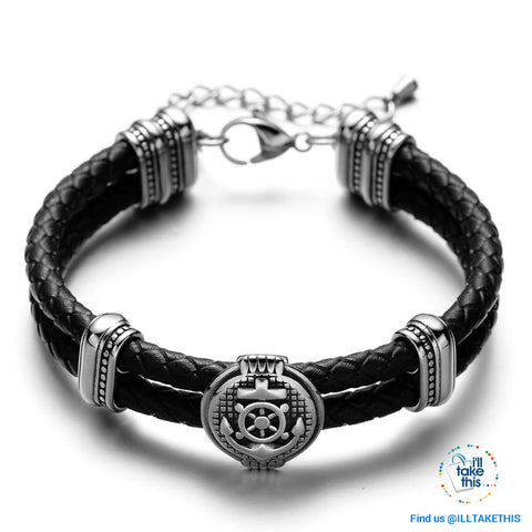 Image of Double Braided Leather Anchor and Wheel Charms Bracelet - Stainless Steel Bead Bracelet - I'LL TAKE THIS
