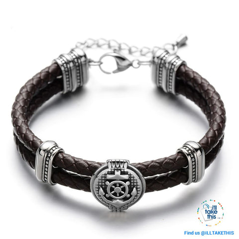 Image of Double Braided Leather Anchor and Wheel Charms Bracelet - Stainless Steel Bead Bracelet - I'LL TAKE THIS