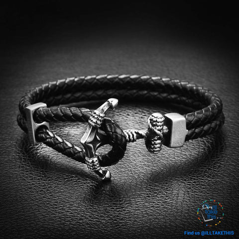 Image of Double Braided Leather Anchor Stainless Steel Charms Bracelets ⚓ Nautical Wristband for Men - I'LL TAKE THIS