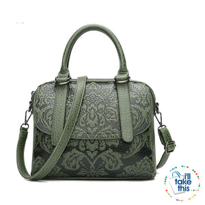 Luxury Embossed Floral Design Handbag Collection in a Classic Antique Style Cross-body Bag, 4 Colors