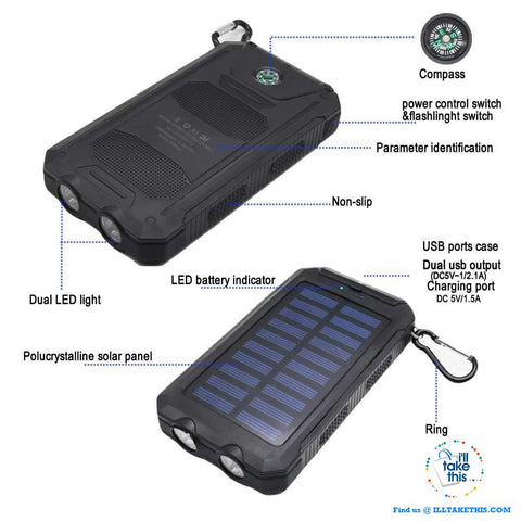 Eco-Friendly Solar Power Bank Real 20000 mAh Dual USB - Splashproof with Torch, 5 color options - I'LL TAKE THIS