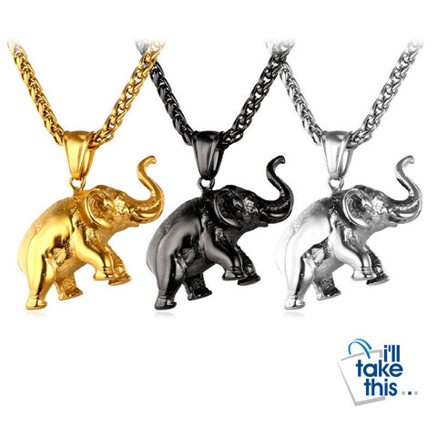 Image of Elephant 🐘 Pendant in Gold, Black or Stainless Steel Colors - Unisex with BONUS Link Chain Free - I'LL TAKE THIS