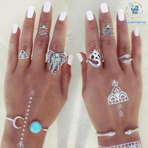 Image of Elephant and Snake Eight Piece Finger Ring set Bohemian/Gypsy/Vintage style Silver-plated Jewelry - I'LL TAKE THIS