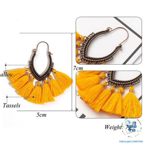 Antique Tassel hoop Earrings, Bohemian influenced with Two Distinct Designs LOTS of Festive Colors