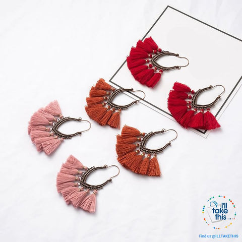 Image of Antique Tassel hoop Earrings, Bohemian influenced with Two Distinct Designs LOTS of Festive Colors - I'LL TAKE THIS