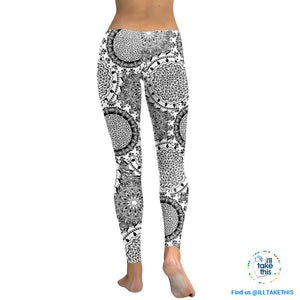 Grey Flower Mandala Series Leggings, High Waisted Slimming Pants suit Yoga, Pilates