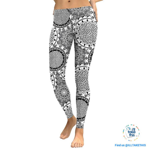 Image of Grey Flower Mandala Series Leggings, High Waisted Slimming Pants suit Yoga, Pilates - I'LL TAKE THIS