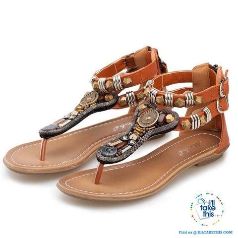 Image of Gypsy Styled String/Beaded Sandals with rear zipper ideal Flat Shoe Flip flops - I'LL TAKE THIS