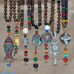 Handmade Buddhist Mala Wood Beads Pendant & Necklace - 11 Statement  Necklaces to choose from