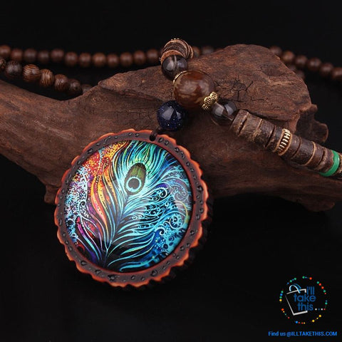 Image of 🦚 Handmade Peacock Feather Pendand - Necklace Sandalwood/Acrylic Beads 32" long - I'LL TAKE THIS