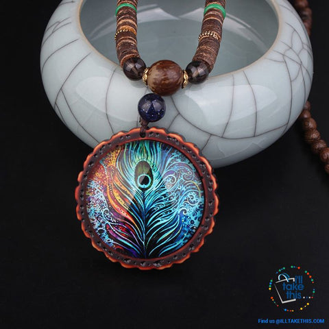 Image of 🦚 Handmade Peacock Feather Pendand - Necklace Sandalwood/Acrylic Beads 32" long - I'LL TAKE THIS