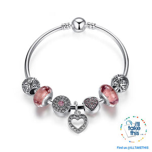 Silver Plated Pink or Blue Heart Charm Bracelets, ideal Beaded Bangle/Jewelry Gift for all occasions